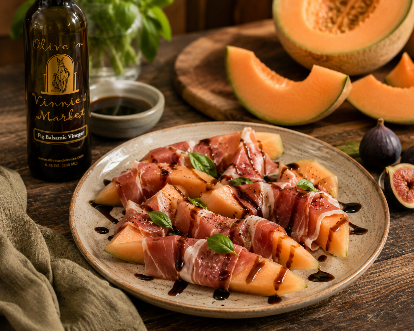 Cantaloupe and Prosciutto with Fig Balsamic Drizzle