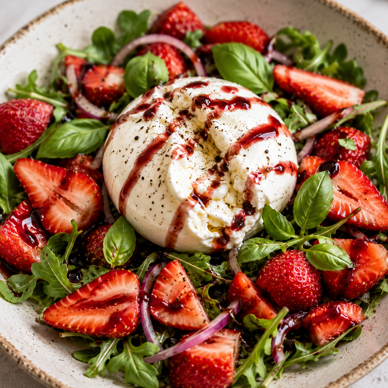 Strawberry and Burrata Salad with Wild Raspberry Balsamic