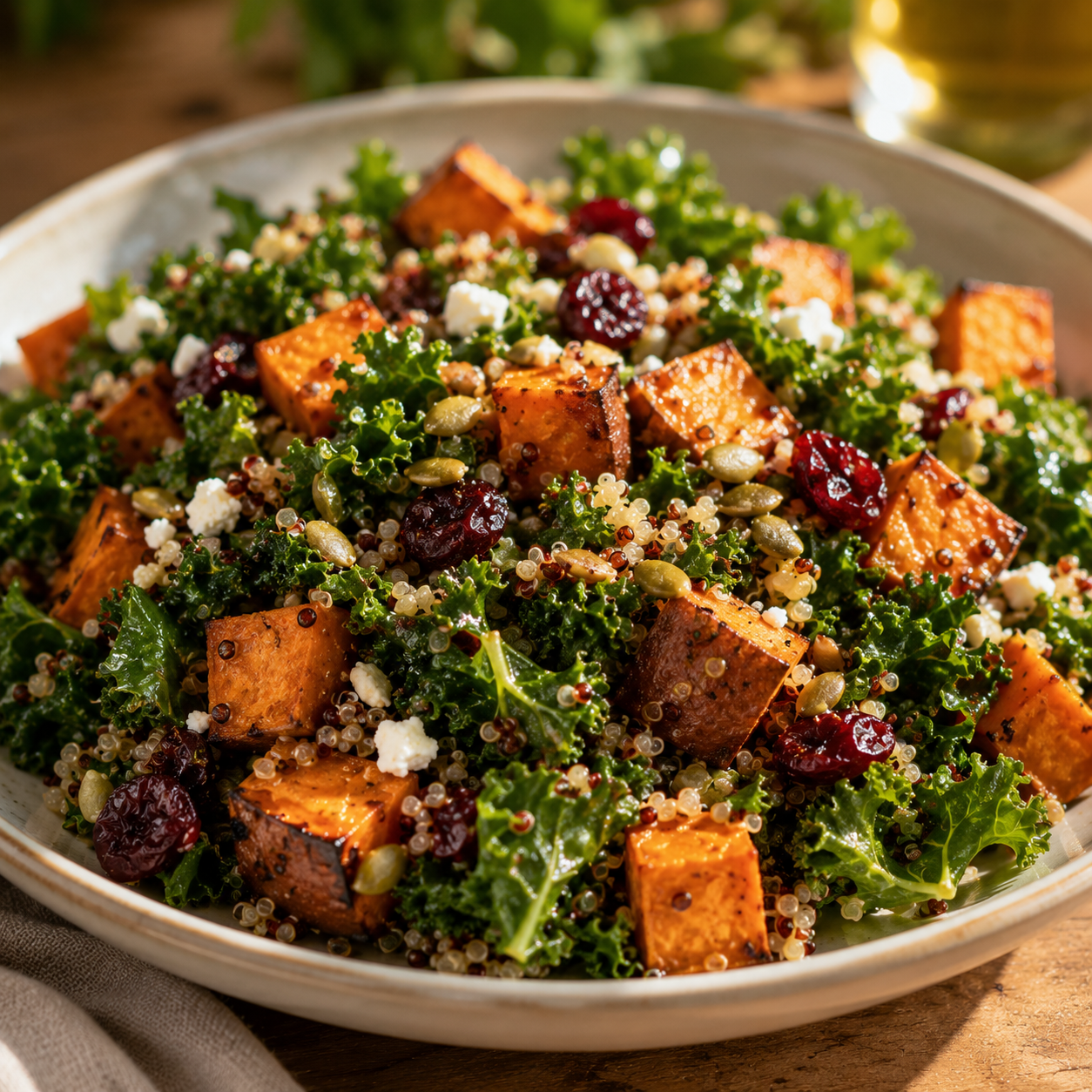Roasted Sweet Potato and Quinoa Kale Salad with Pomegranate Quince Balsamic