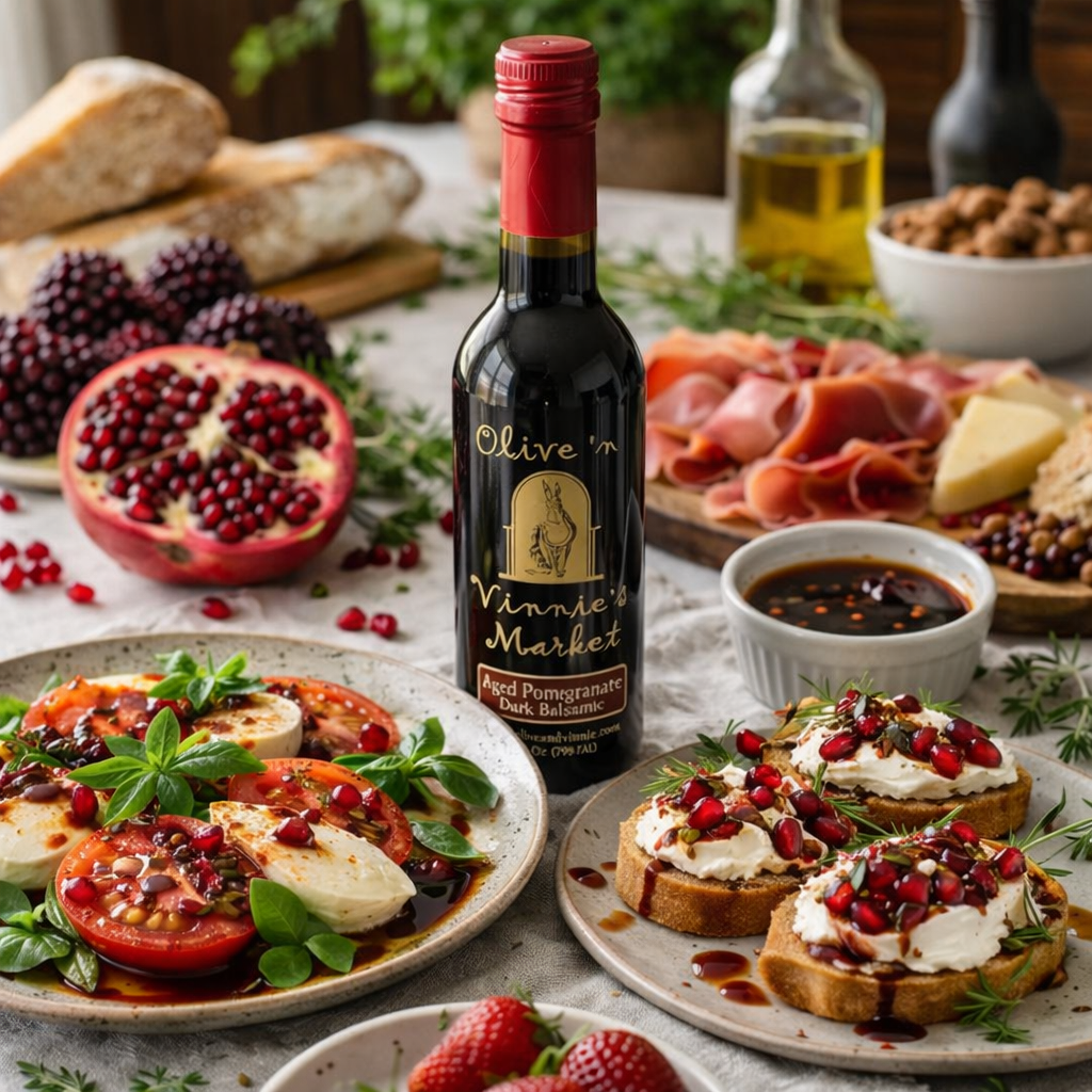 Table with appetizers, a bottle of olive oil, and a pomegranate.