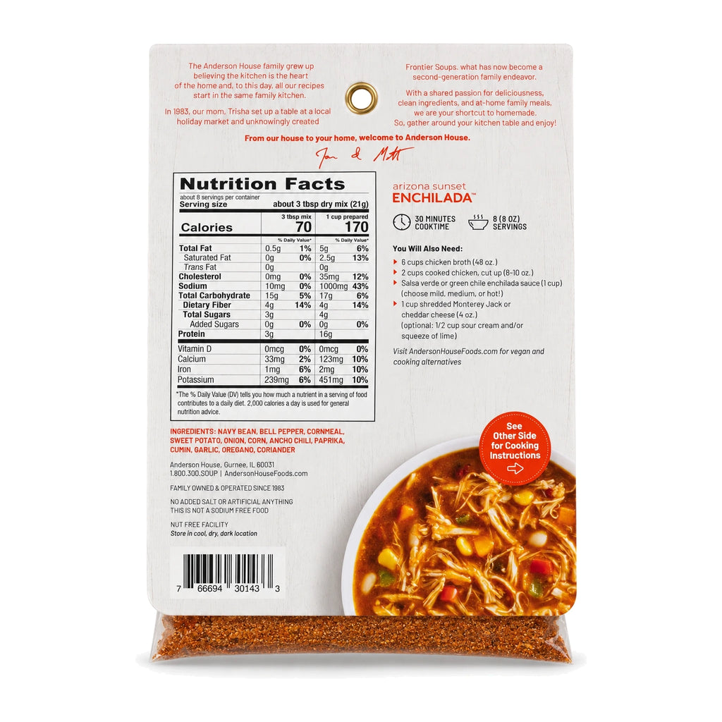 Arizona Sunset Enchilada Soup Mix ingredients, nutrition facts and what you'll need - Frontier Soups Homemade in Minutes