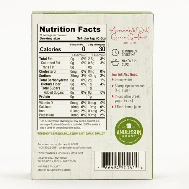 Avocado & Dill Green Goddess Dip Mix ingredients, nutrition facts and what you'll need - Frontier Soups