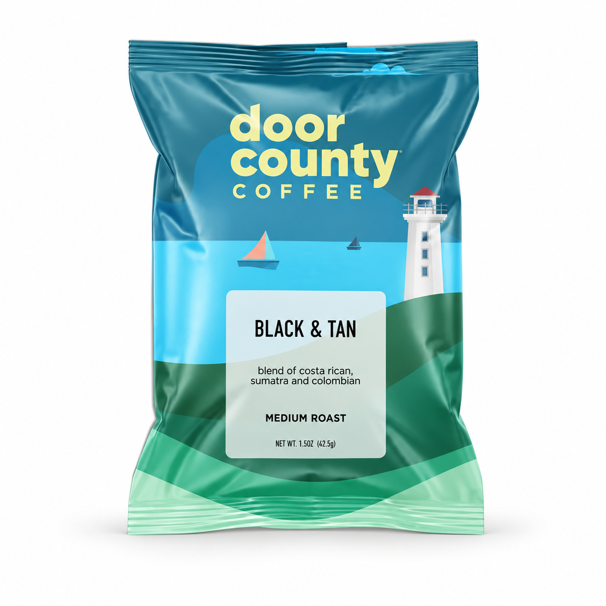 Single-serve 1.5oz bag of Black and Tan coffee blend from Olive N Vinnie's