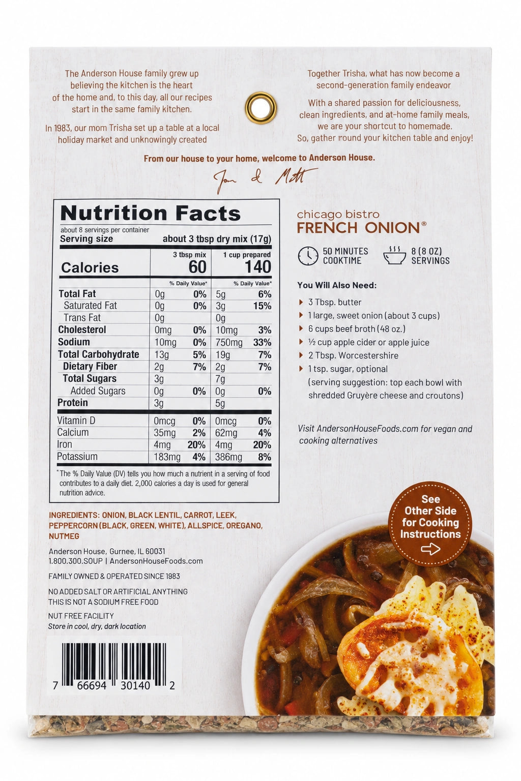 Chicago Bistro French Onion Soup Mix ingredients, nutrition facts and what you'll need - Frontier Soups Homemade in Minutes