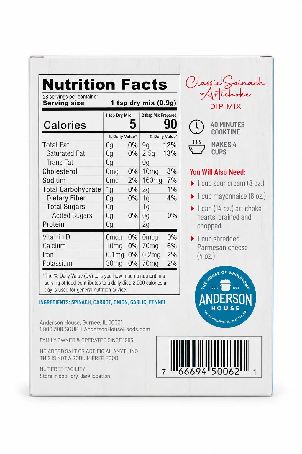 Classic Spinach Artichoke Dip Mix ingredients, nutrition facts and what you'll need - Frontier Soups