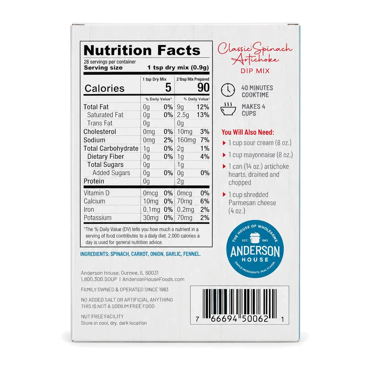 Classic Spinach Artichoke Dip Mix ingredients, nutrition facts and what you'll need - Frontier Soups