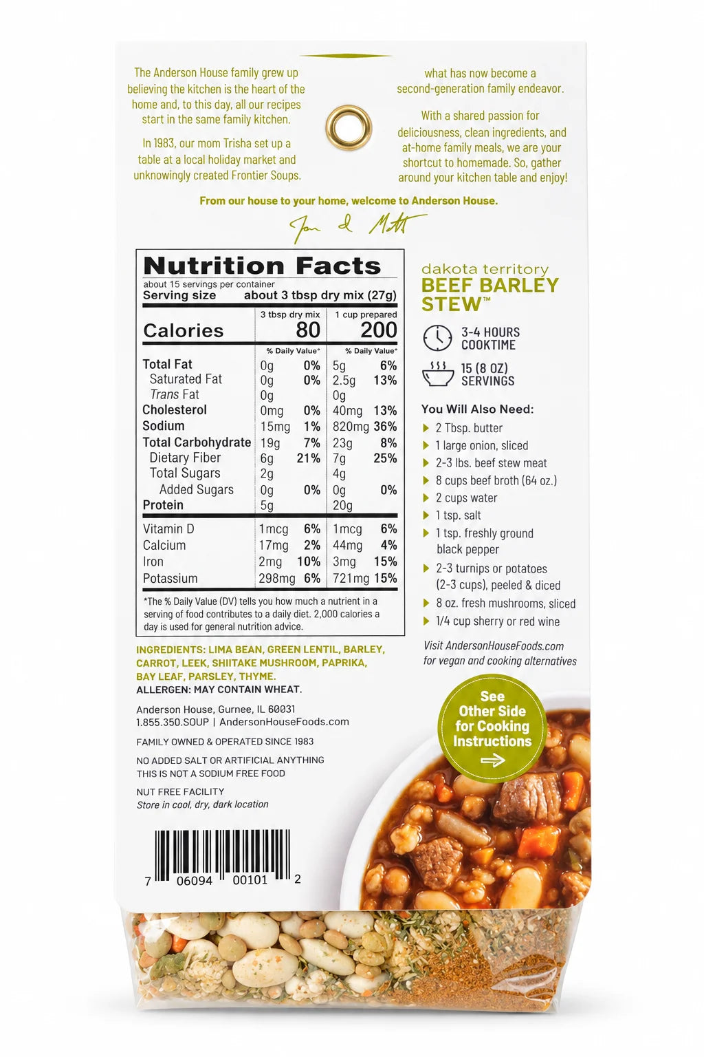 Dakota Territory Beef Barley Stew Mix ingredients, nutrition facts and what you'll need - Frontier Soups Hearty Meals