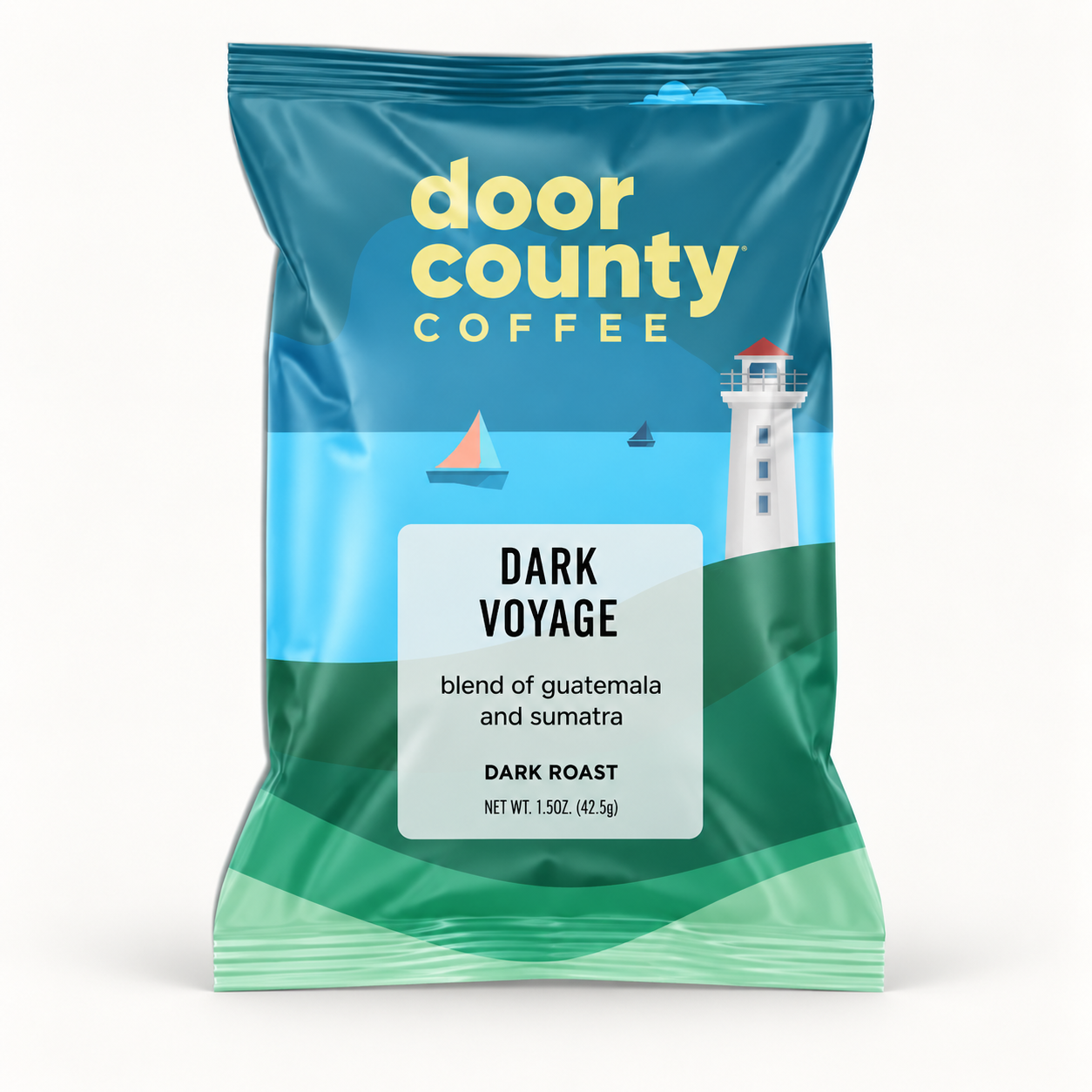 Single-serve 1.5oz bag of Dark Voyage dark roast coffee from Olive N Vinnie's