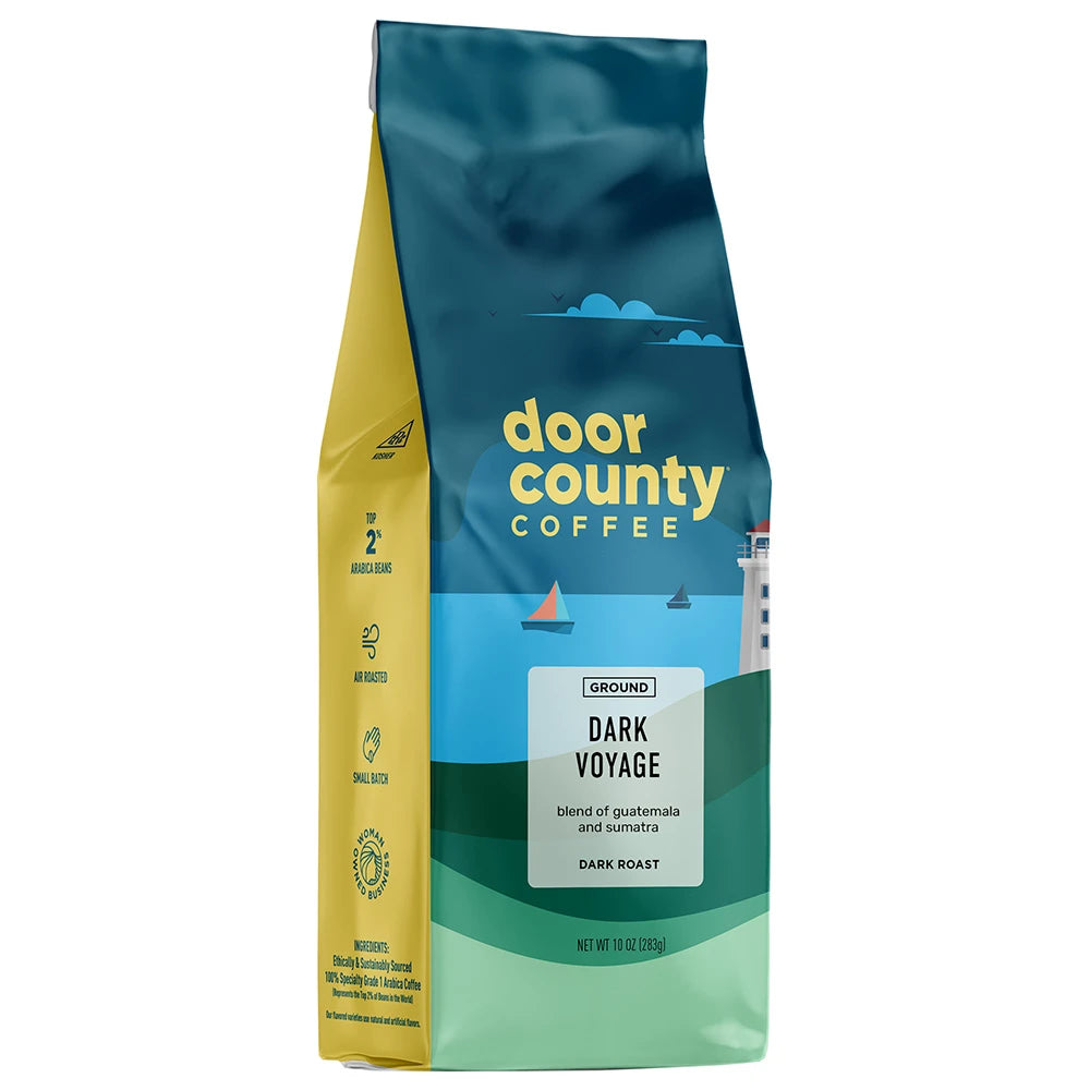 Bag of Dark Voyage dark roast ground coffee, 10oz, from Olive N Vinnie's
