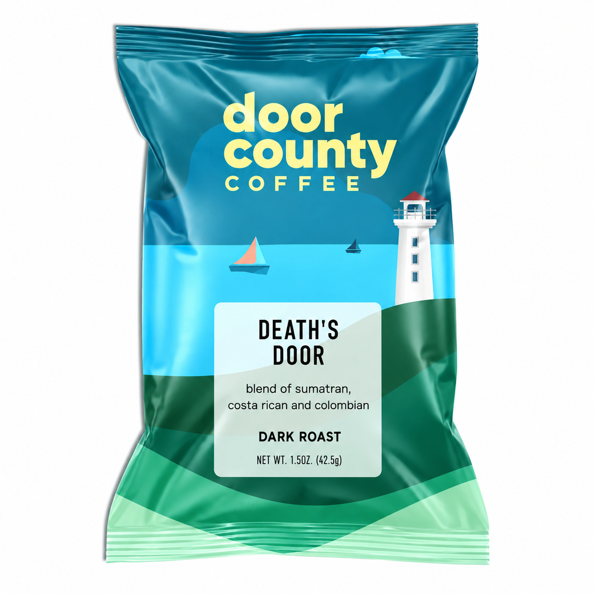 Single-serve 1.5oz bag of Death's Door dark roast coffee from Olive N Vinnie's