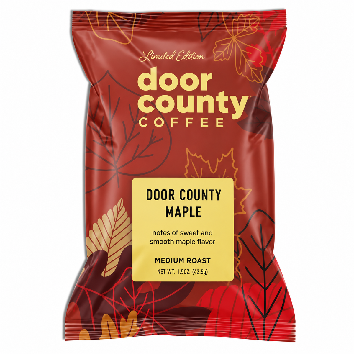 Single-serve 1.5oz bag of Door County Maple fall flavored coffee from Olive N Vinnie's