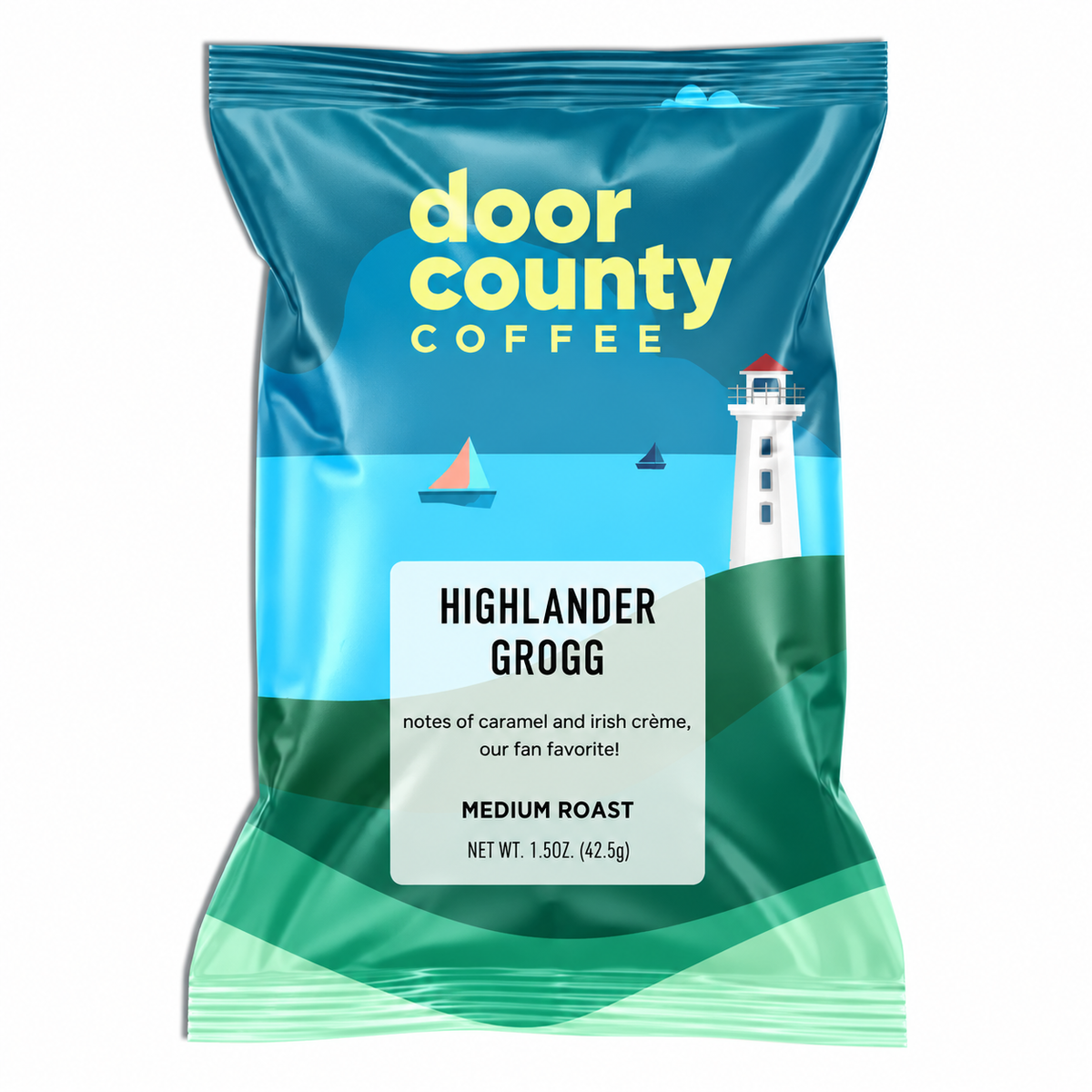 Single-serve 1.5oz bag of Highlander Grogg flavored coffee from Olive N Vinnie's