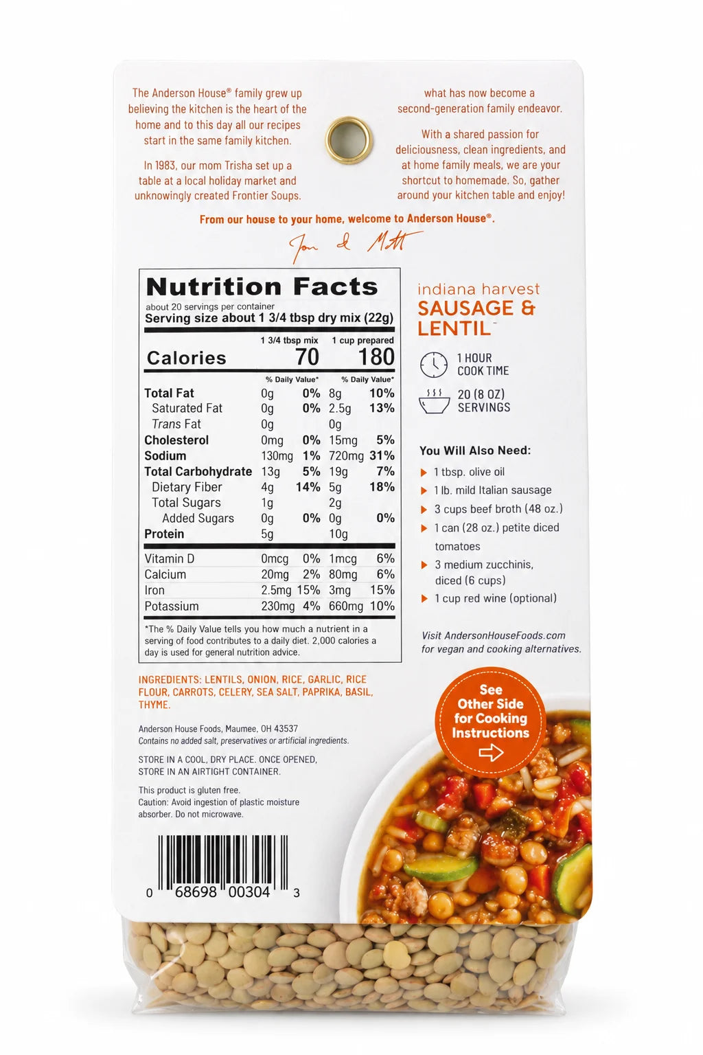 Indiana Harvest Sausage & Lentil Soup Mix ingredients, nutrition facts and what you'll need - Frontier Soups Hearty Meals