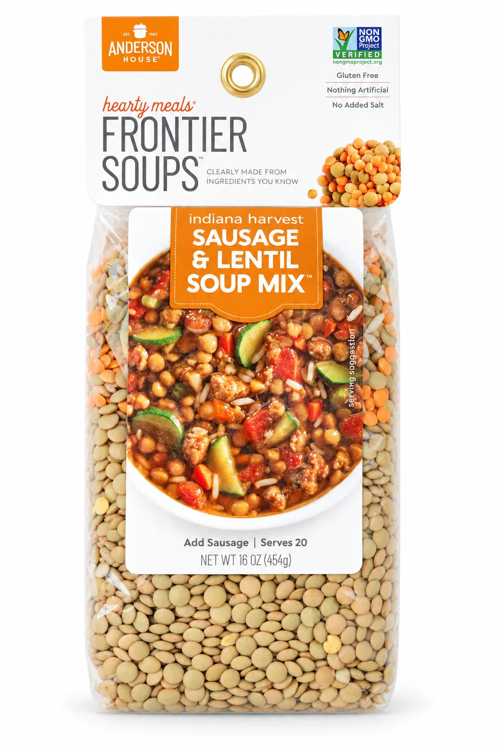 Indiana Harvest Sausage & Lentil Soup Mix package front - Frontier Soups Hearty Meals