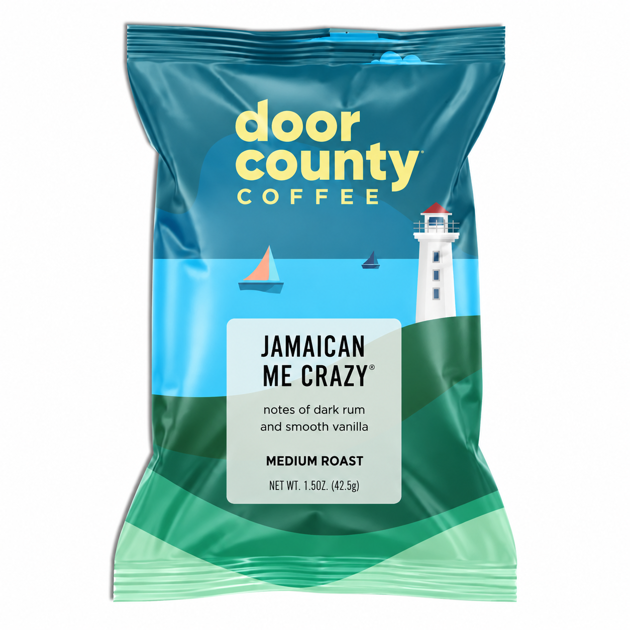 Single-serve 1.5oz bag of Jamaican Me Crazy flavored coffee from Olive N Vinnie's