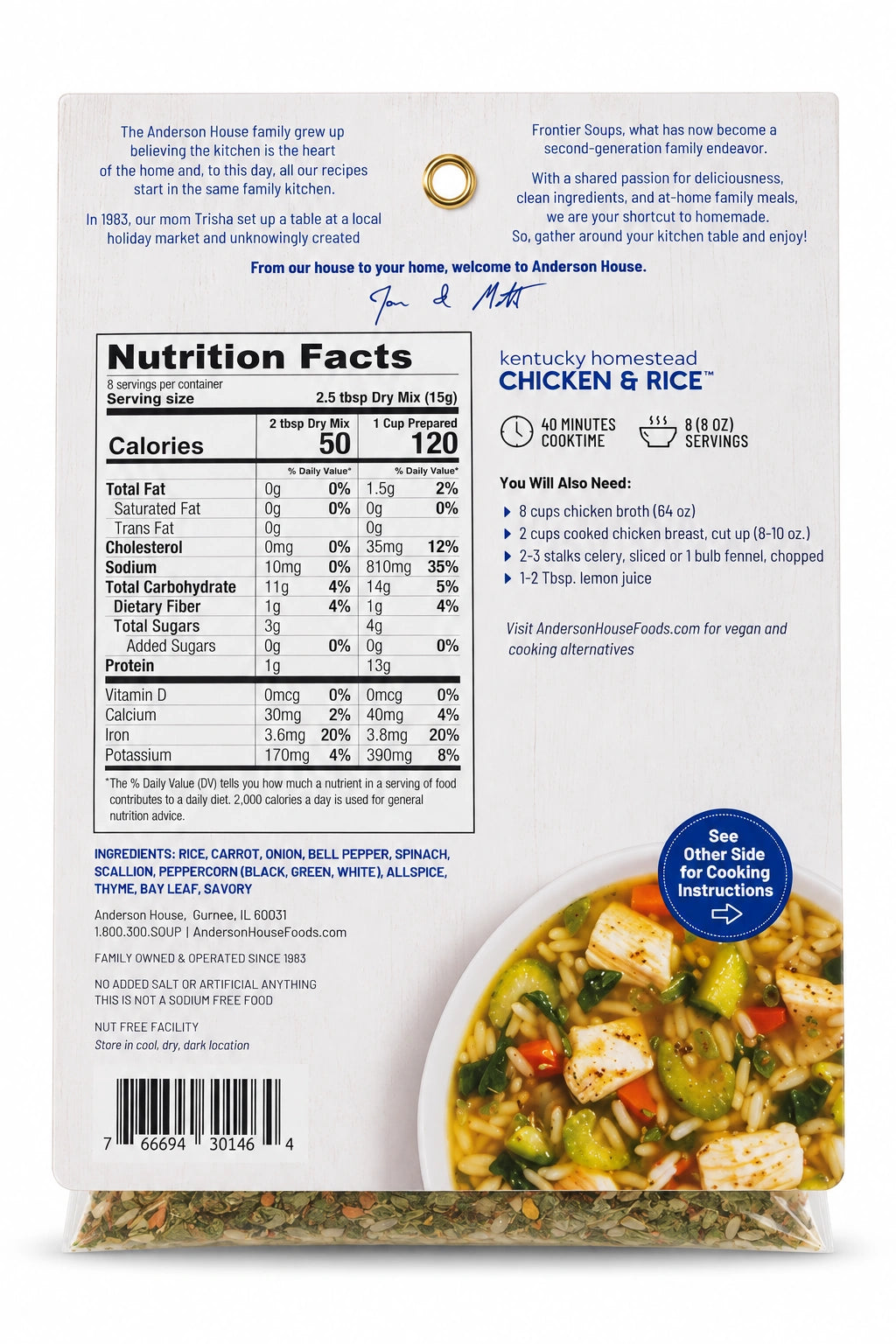Kentucky Homestead Chicken & Rice Soup Mix ingredients, nutrition facts and what you'll need - Frontier Soups Homemade in Minutes