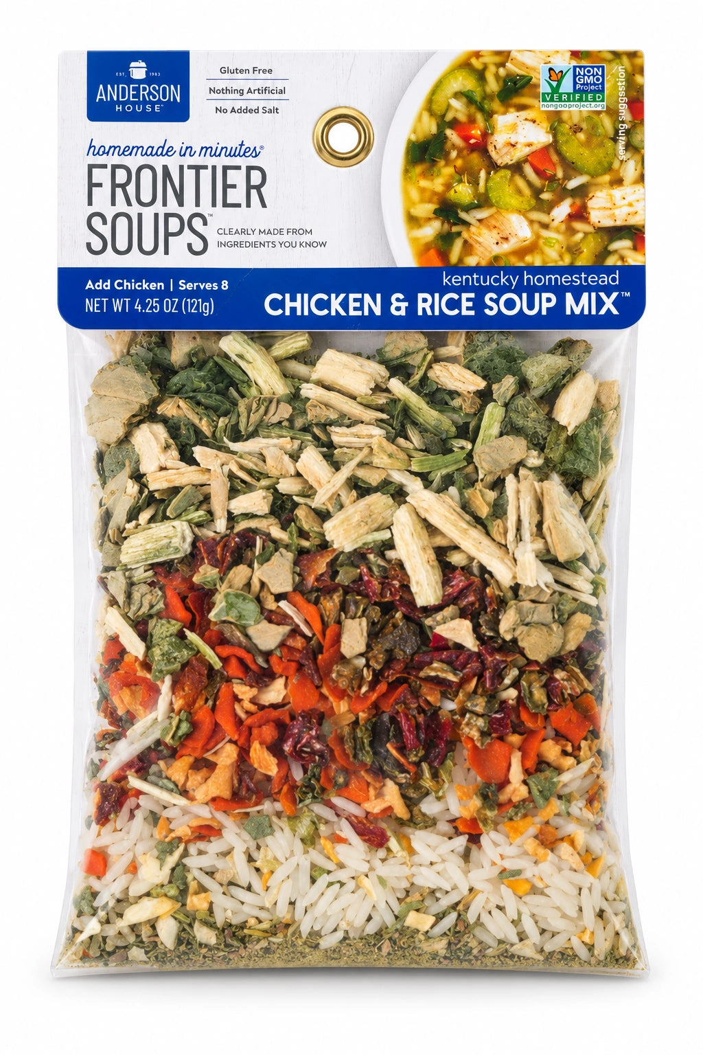 Kentucky Homestead Chicken & Rice Soup Mix package front - Frontier Soups Homemade in Minutes