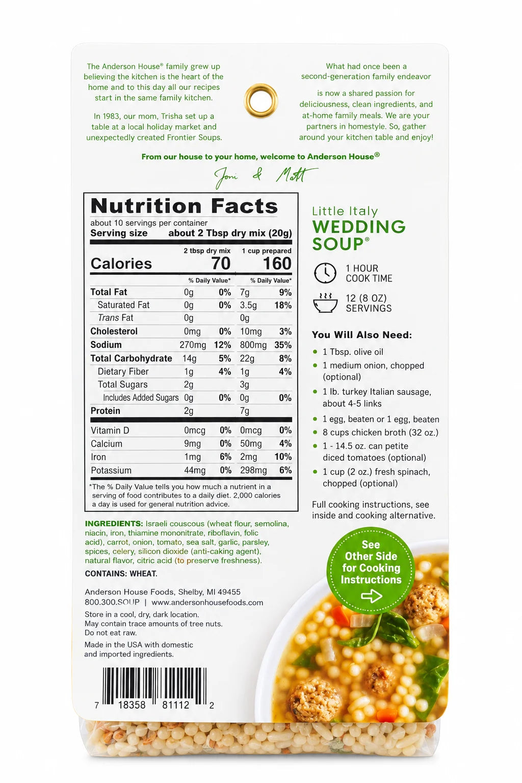 Little Italy Wedding Soup Mix ingredients, nutrition facts and what you'll need - Frontier Soups Hearty Meals