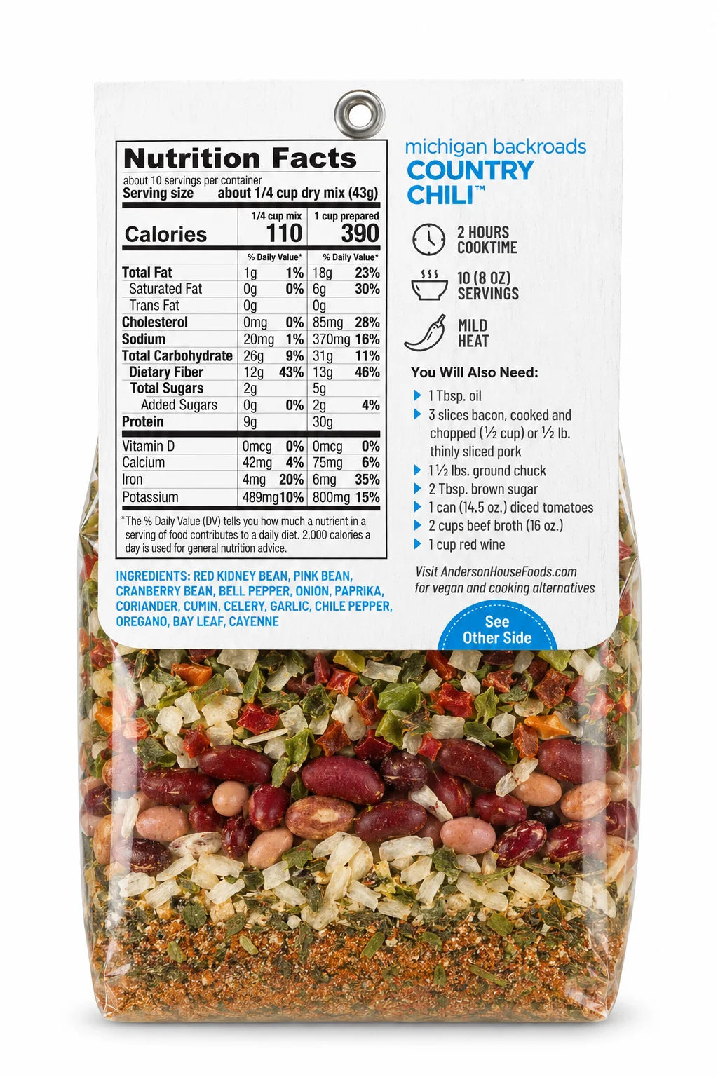 Michigan Backroads Country Chili Mix ingredients, nutrition facts and what you'll need - Frontier Soups Hearty Meals