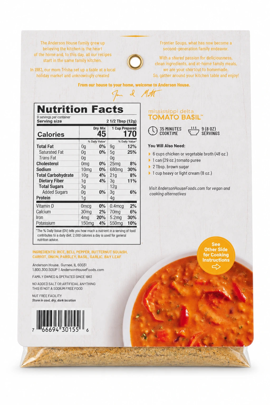Mississippi Delta Tomato Basil Soup Mix ingredients, nutrition facts and what you'll need - Frontier Soups Homemade in Minutes