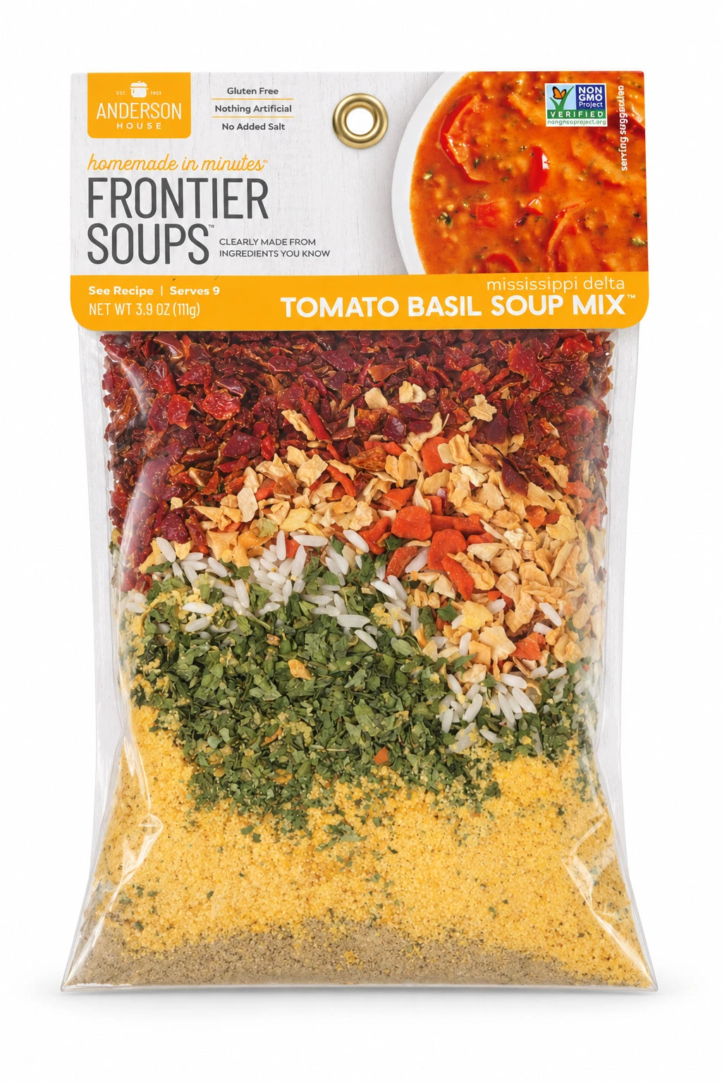 Mississippi Delta Tomato Basil Soup Mix package front - Frontier Soups Homemade in Minutes