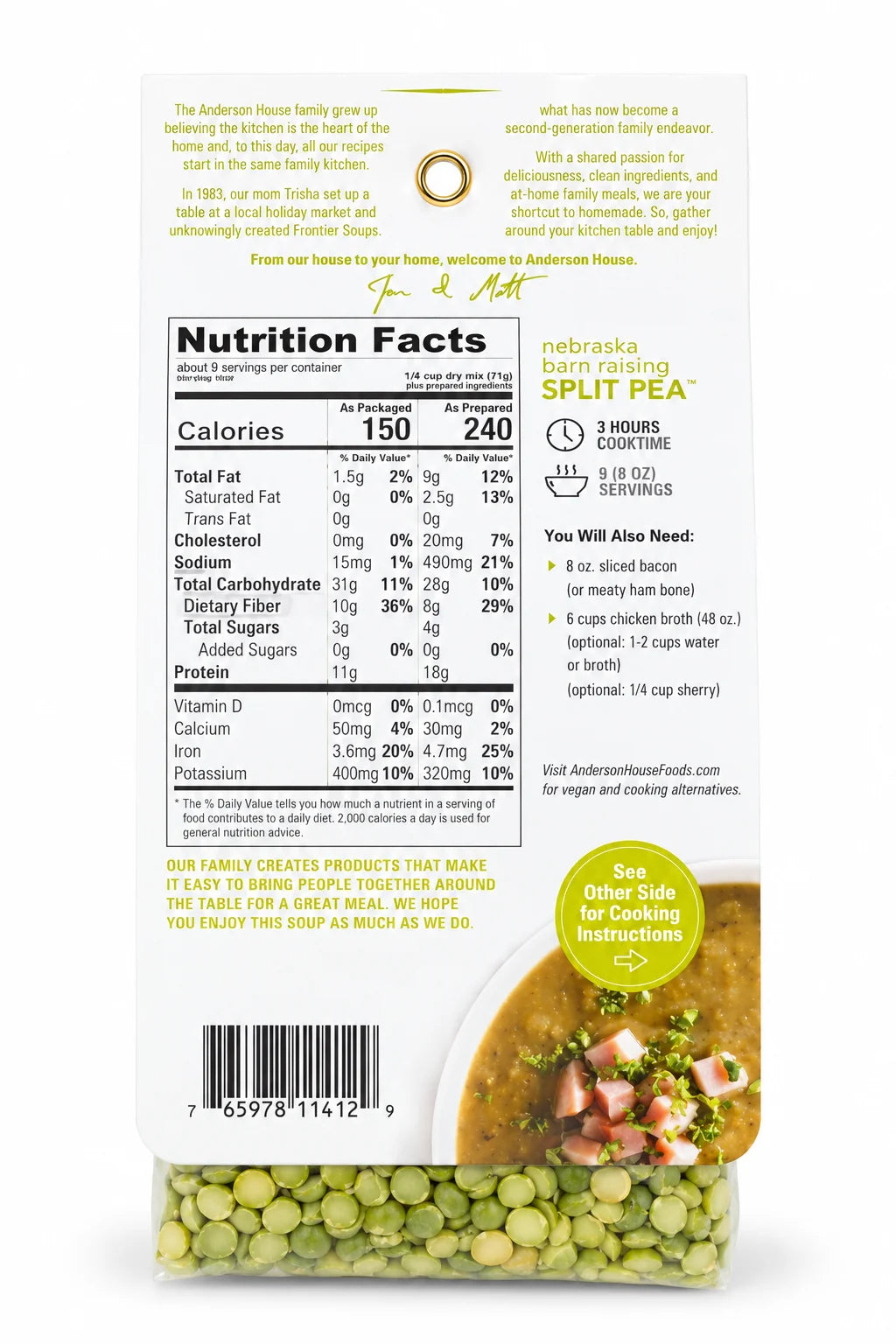 Nebraska Barn Raising Split Pea Soup Mix ingredients, nutrition facts and what you'll need - Frontier Soups Hearty Meals