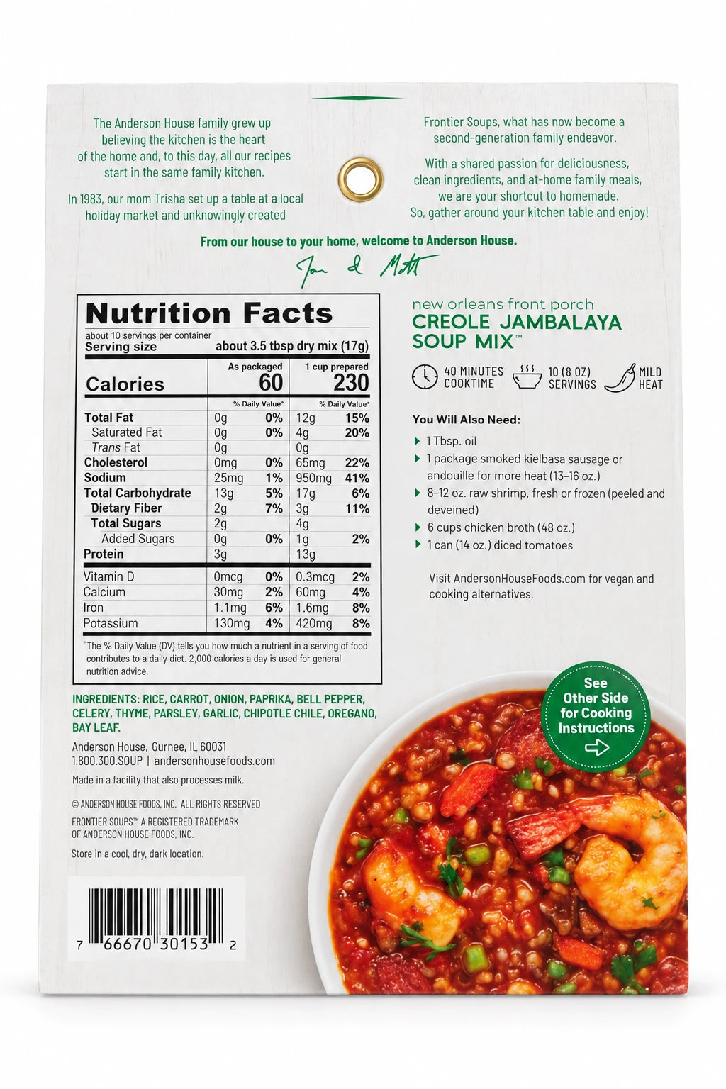 New Orleans Front Porch Creole Jambalaya Soup Mix ingredients, nutrition facts and what you'll need - Frontier Soups Homemade in Minutes