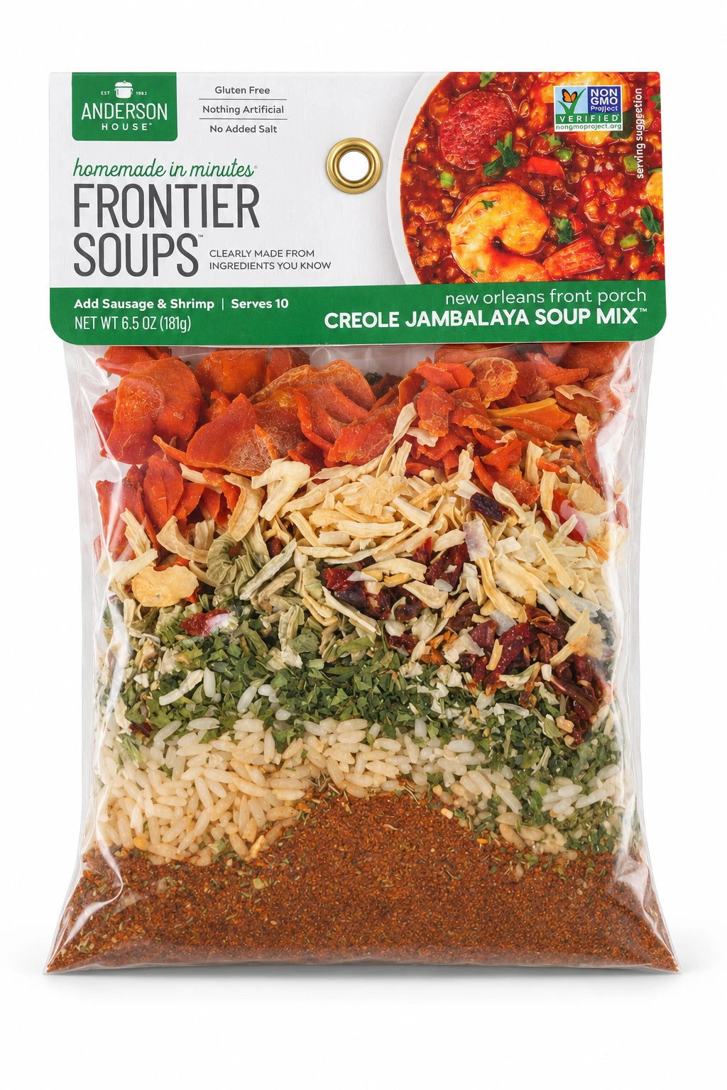 New Orleans Front Porch Creole Jambalaya Soup Mix package front - Frontier Soups Homemade in Minutes
