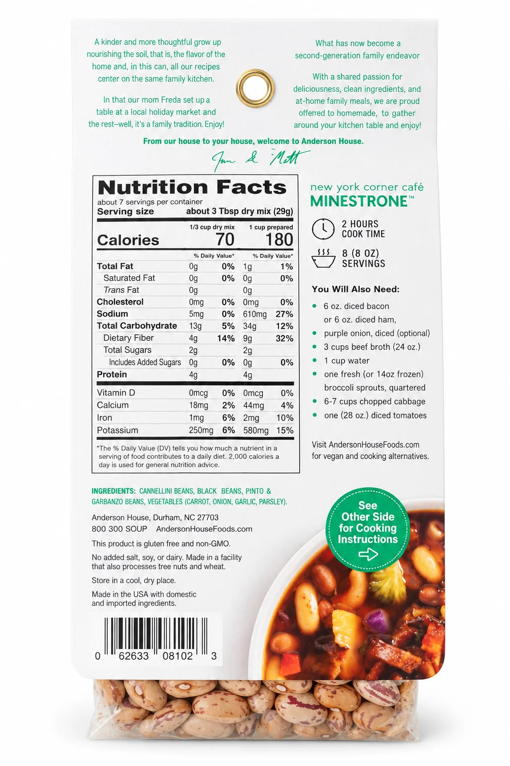 New York Corner Café Minestrone Soup Mix ingredients, nutrition facts and what you'll need - Frontier Soups Hearty Meals