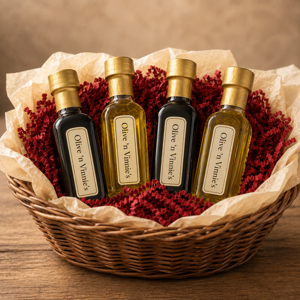 The Sampler gift basket with four Olive 'n Vinnie's mini olive oils and balsamics