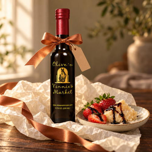 Olive ‘n Vinnie’s Denissimo 25-year balsamic tied with a copper ribbon, with strawberries and parmesan