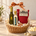 Popcorn gift basket with Butter olive oil, Black Truffle Sea Salt, Vintage Red Popcorn and two wrapped caramels