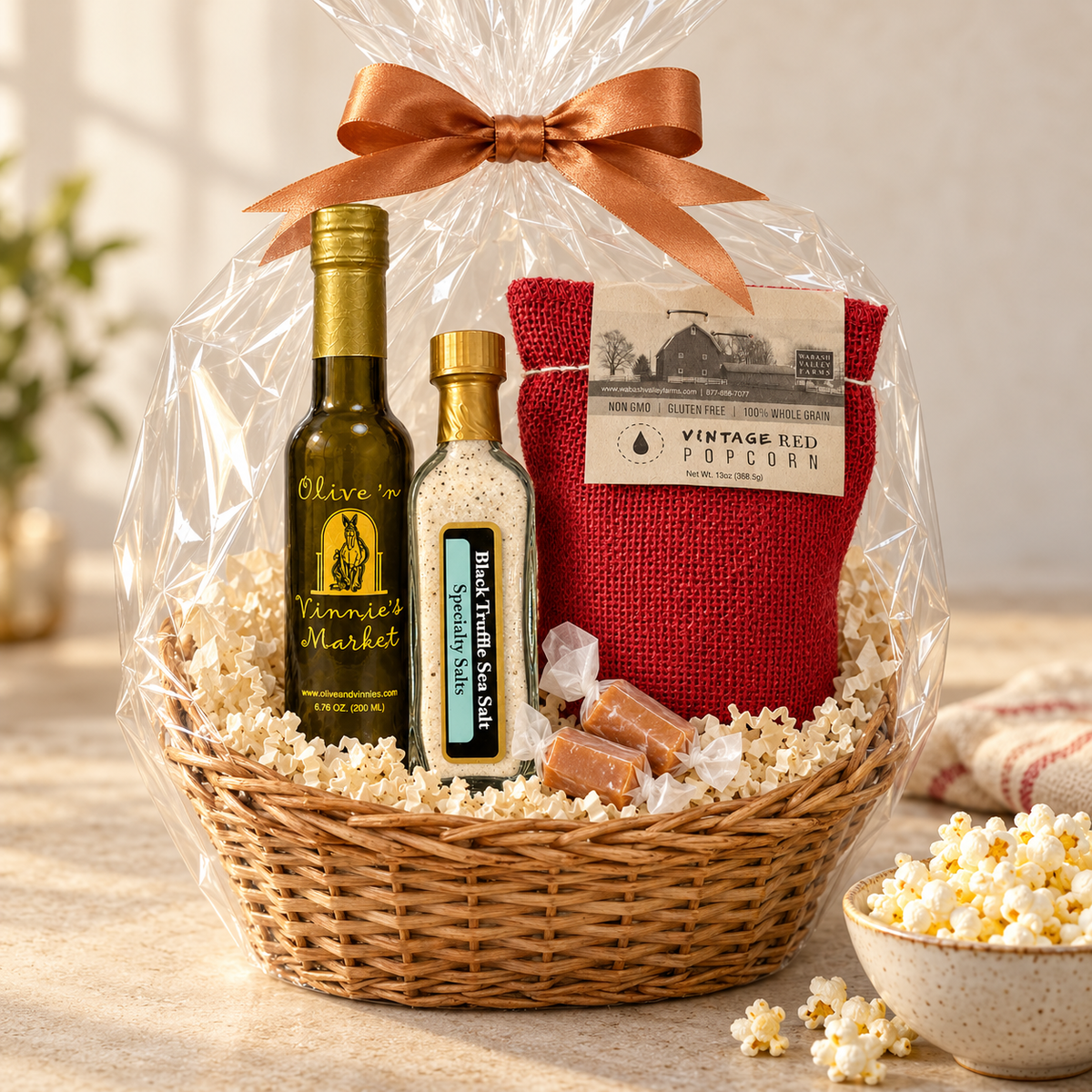 Popcorn gift basket with Butter olive oil, Black Truffle Sea Salt, Vintage Red Popcorn and two wrapped caramels