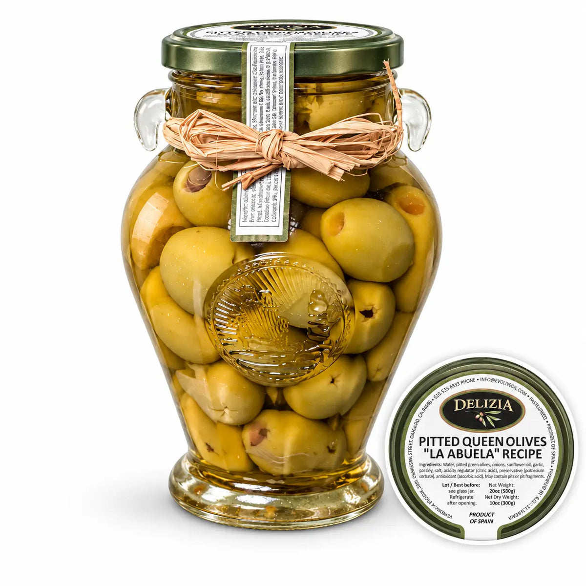 Delizia Pitted Queen Olives "La Abuela" Recipe, 20oz jar with lid label inset