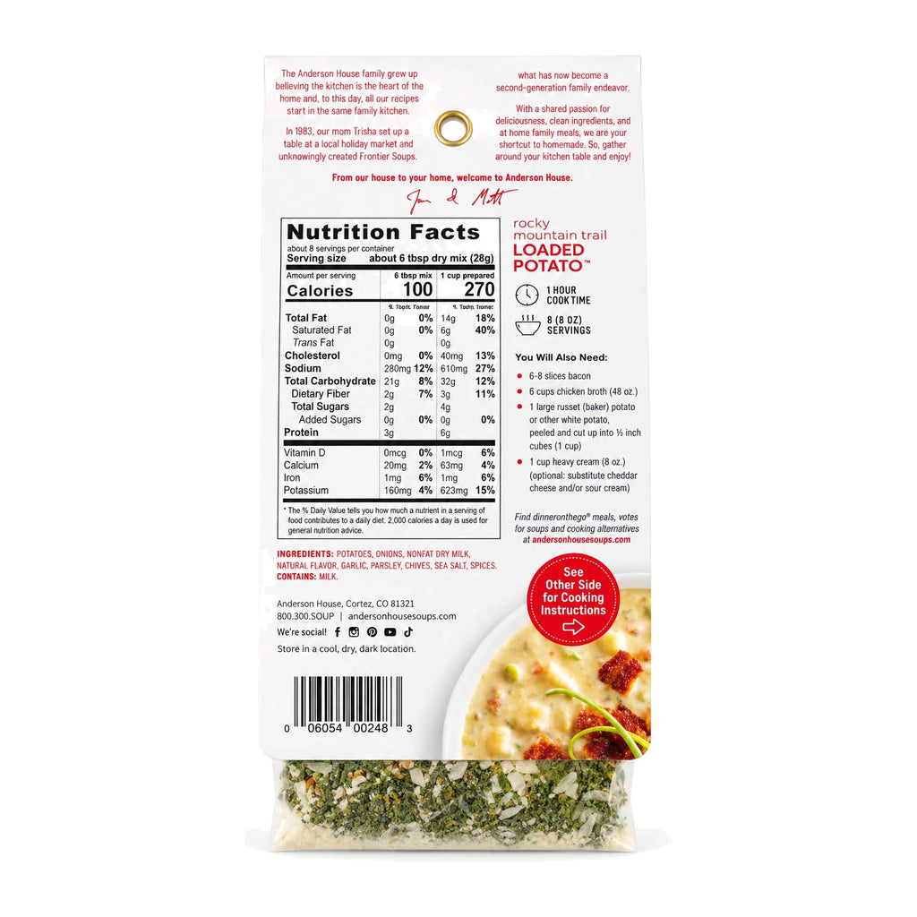 Rocky Mountain Trail Loaded Potato Soup Mix ingredients, nutrition facts and what you'll need - Frontier Soups Hearty Meals