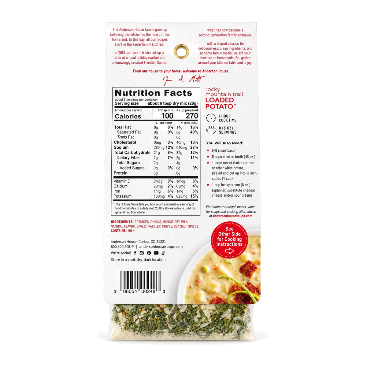 Rocky Mountain Trail Loaded Potato Soup Mix ingredients, nutrition facts and what you'll need - Frontier Soups Hearty Meals