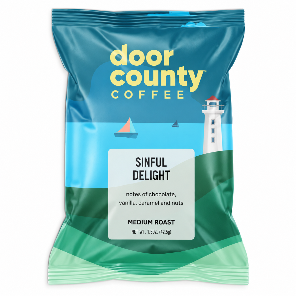 Single-serve 1.5oz bag of Sinful Delight chocolate flavored coffee from Olive N Vinnie's