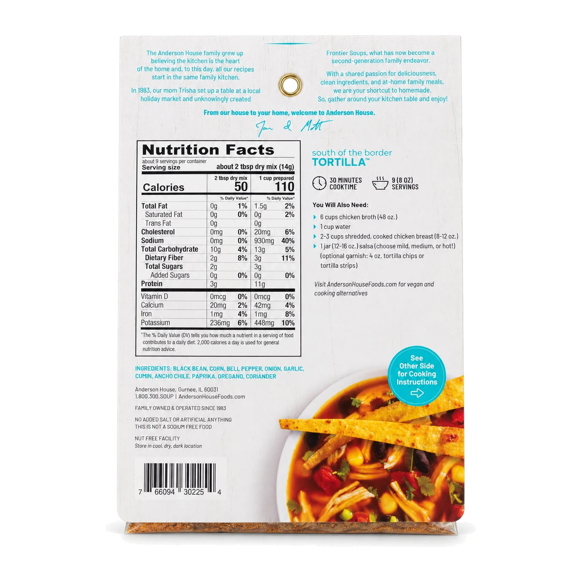 South of the Border Tortilla Soup Mix ingredients, nutrition facts and what you'll need - Frontier Soups Homemade in Minutes
