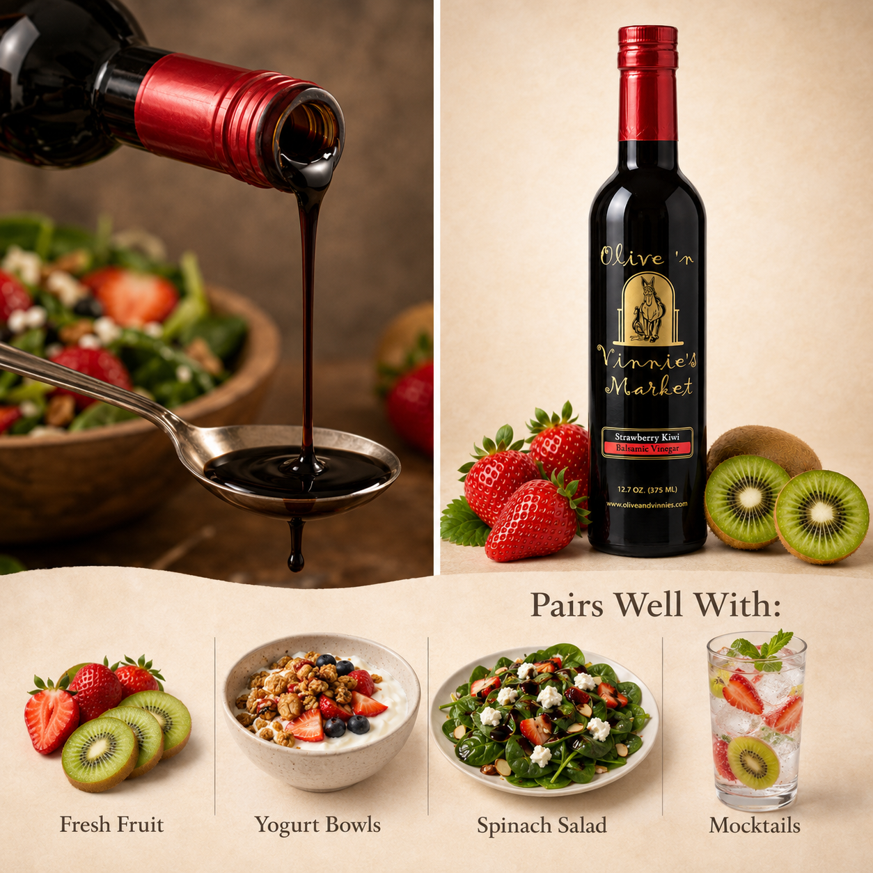 A bottle of Olive Garden's Strawberry Balsamic Vinegar is featured in a collage with food pairings. The collage includes a close-up of balsamic being poured from a bottle into a spoon over a salad, the full bottle on a beige background with strawberries and kiwi slices, and four smaller images showing it pairs well with fresh fruit, yogurt bowls, spinach salad, and mocktails.