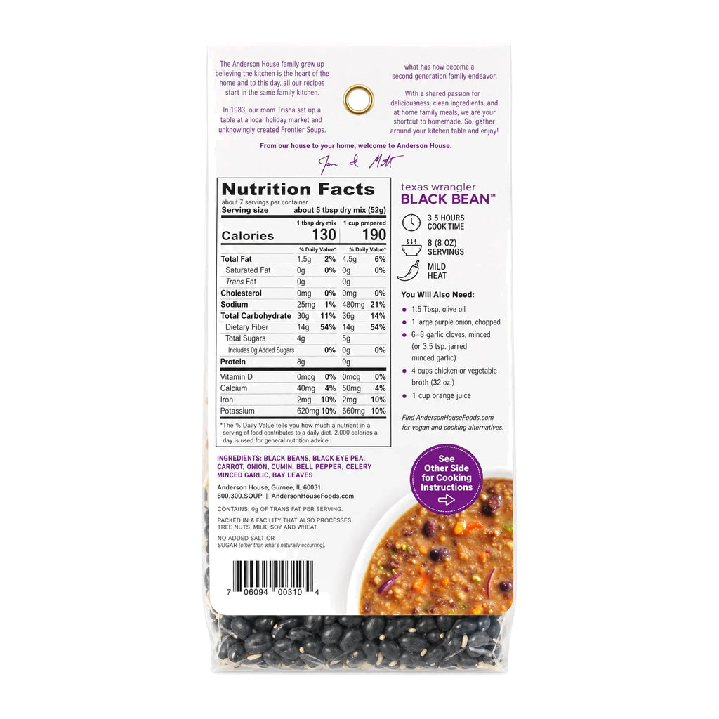 Texas Wrangler Black Bean Soup Mix ingredients, nutrition facts and what you'll need - Frontier Soups Hearty Meals