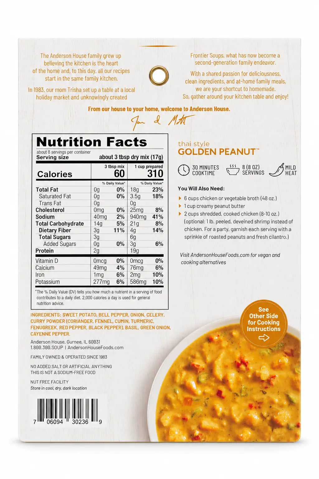 Thai Style Golden Peanut Soup Mix ingredients, nutrition facts and what you'll need - Frontier Soups Homemade in Minutes