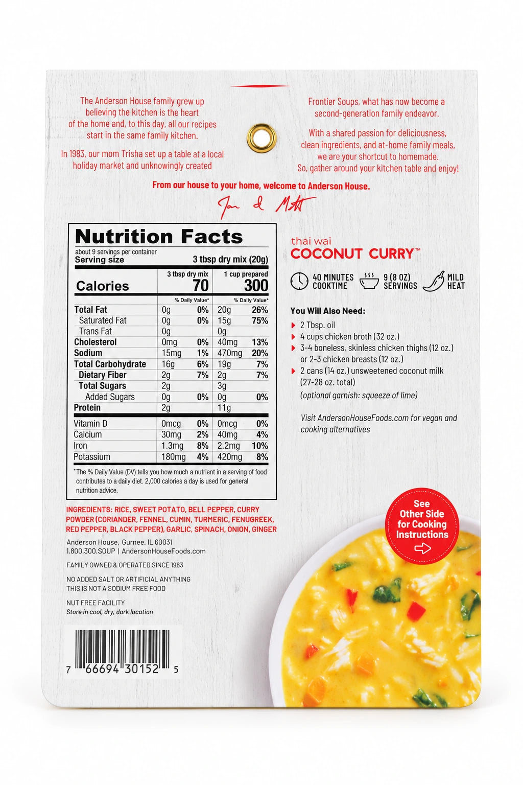 Thai Wai Coconut Curry Soup Mix ingredients, nutrition facts and what you'll need - Frontier Soups Homemade in Minutes
