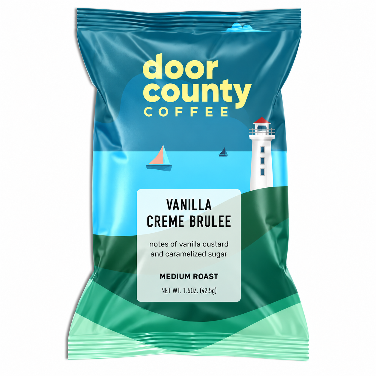 Single-serve 1.5oz bag of Vanilla Crème Brulee flavored coffee from Olive N Vinnie's