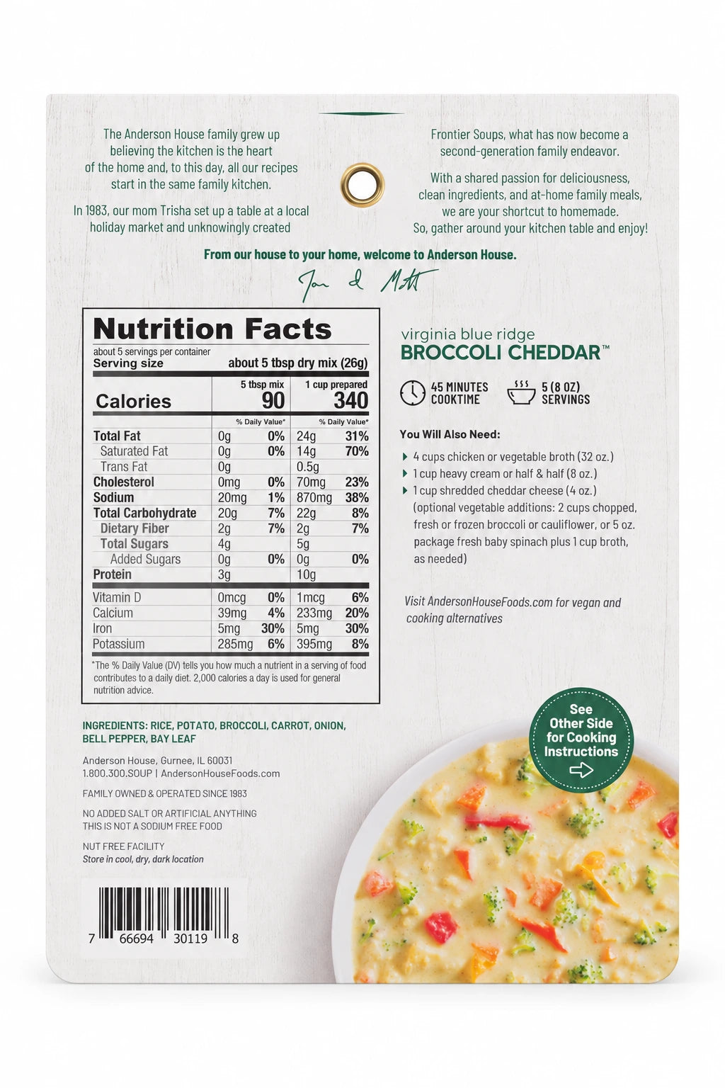 Virginia Blue Ridge Broccoli Cheddar Soup Mix ingredients, nutrition facts and what you'll need - Frontier Soups Homemade in Minutes