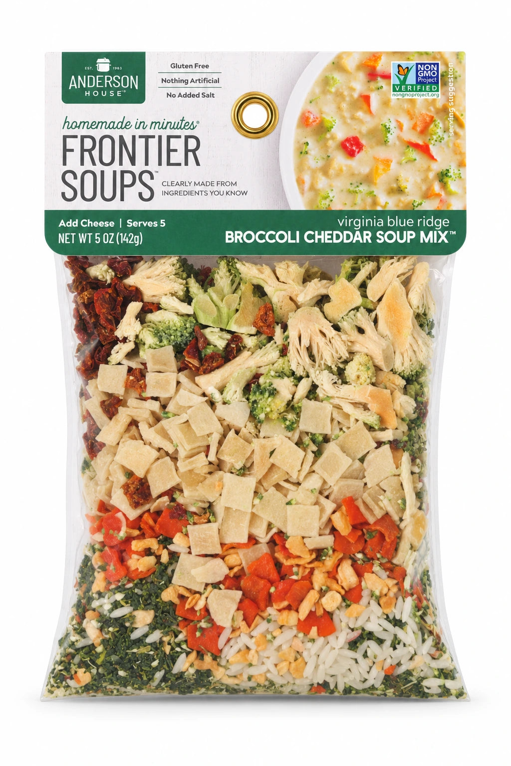 Virginia Blue Ridge Broccoli Cheddar Soup Mix package front - Frontier Soups Homemade in Minutes